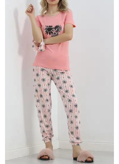 Desenli Pijama Takımı Pudra3