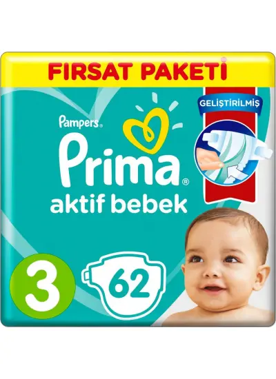 Prima Bebek Bezi Aktif Bebek Fırsat Paket 3 Beden 62 Adet