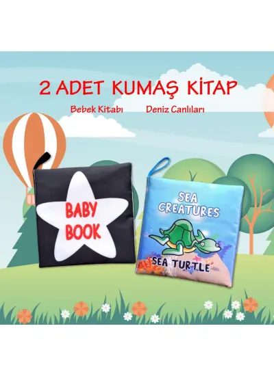 2 Kitap  İngilizce Siyah-Beyaz Bebek ve Deniz Canlıları Kumaş Sessiz Kitap