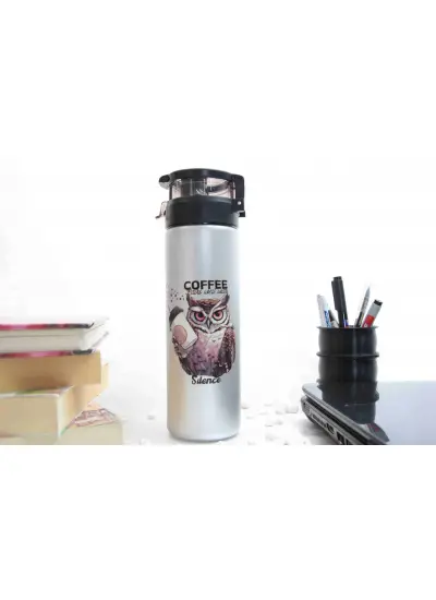 Coffe Slience Baykuş Temalı - Renkli Baskılı Cam Suluk & Termos - 550 ml