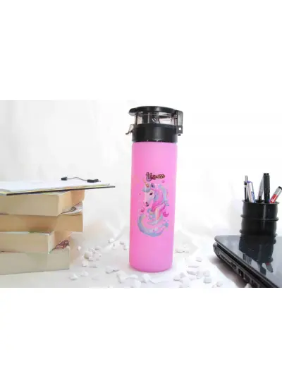 Pembe Renk Unicorn Temalı - Baskılı Cam Suluk & Termos - 550 ml