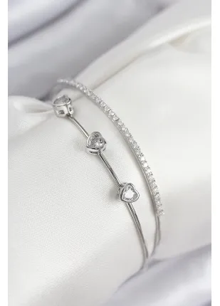 BFS Pirinç Zirkon Taşlı Kalp Model Gümüş Renk Kadın Bileklik