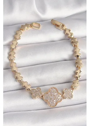 BFS Pirinç Gold Renk Zirkon Taşlı Yonca Model Zincir Kadın Bileklik