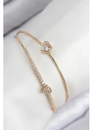 BFS Pirinç Zirkon Taşlı Kalp Model Gold Renk Kadın Bileklik