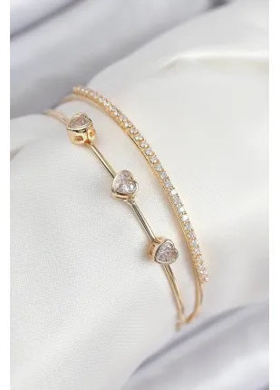 BFS Pirinç Zirkon Taşlı Kalp Model Gold Renk Kadın Bileklik