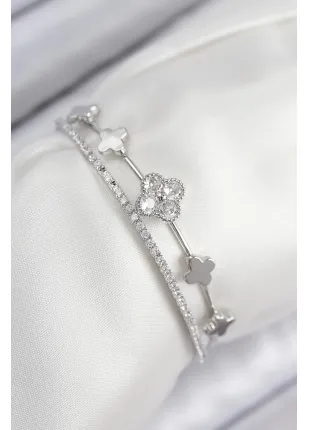 BFS Pirinç Zirkon Taşlı Yonca Model Gümüş Renk Kadın Bileklik