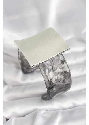 BFS Siyah Mermer Desen Akrilik Plastik Gümüş Kare Plaka Model Vintage Kadın Bilezik