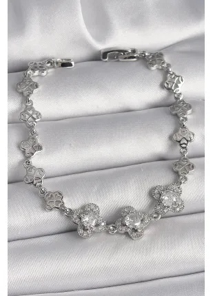 BFS Pirinç Gümüş Renk Zirkon Taşlı Yonca Model Kadın Bileklik