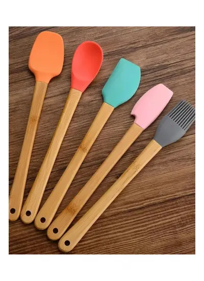 5&amp;#39;li Renkli Ahşap Saplı Silikon Uçlu Spatula Fırçalı Kaşık Seti -Yemek Hazırlık Seti 21 Cm