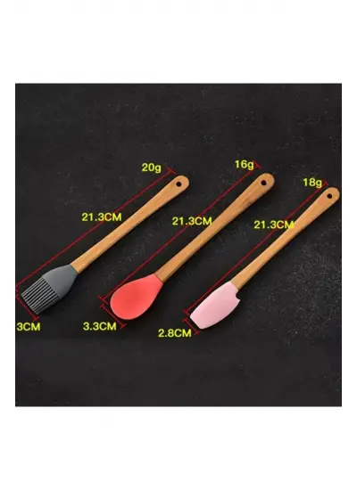 5&#39;li Renkli Ahşap Saplı Silikon Uçlu Spatula Fırçalı Kaşık Seti -Yemek Hazırlık Seti 21 Cm