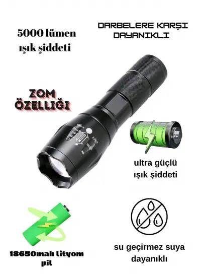 KM-108 Metal El Feneri, Ultra Güçlü El Feneri, Cree T6 LED 5000 Lümen