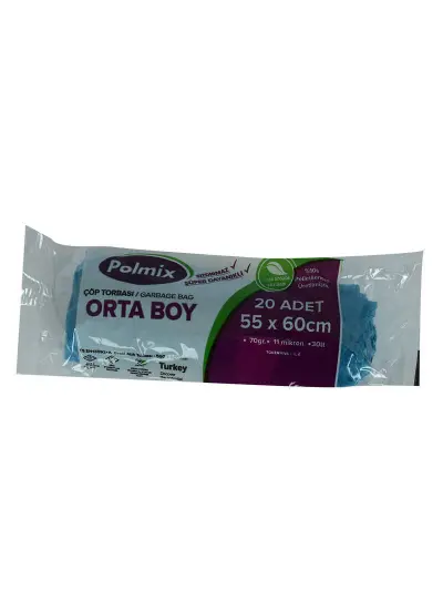 Çöp Torbası Orta Boy 55x60Cm 70Gr 11Mikron 30Lt Mavi Rulo 20 Adet