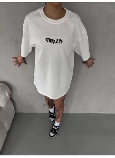 Unisex Bisiklet Yaka Baskılı Oversize T-Shirt - Beyaz