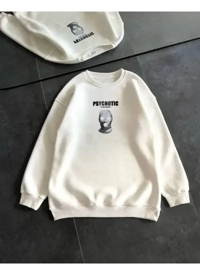 Kışlık Bisiklet Yaka Baskılı SweatShirt - Beyaz