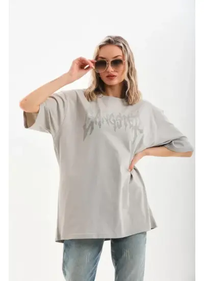 Unisex Taş Desenli Oversize T-Shirt - Gri