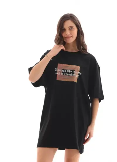 Unisex Bisiklet Yaka Baskılı Oversize T-Shirt - Siyah