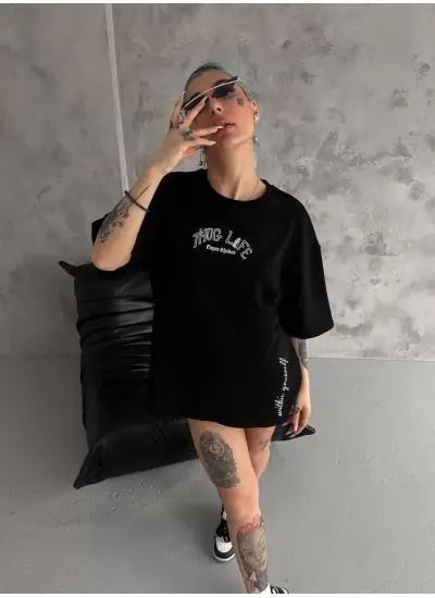 Unisex Baskılı Oversize T-Shirt - Siyah