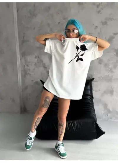 Unisex Bisiklet Yaka Baskılı Oversize T-Shirt - Beyaz