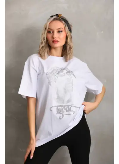 Unisex Taş Desenli Oversize T-Shirt - Beyaz