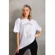 Unisex Taş Desenli Oversize T-Shirt - Beyaz