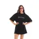 Unisex Bisiklet Yaka Baskılı Oversize T-Shirt - Siyah