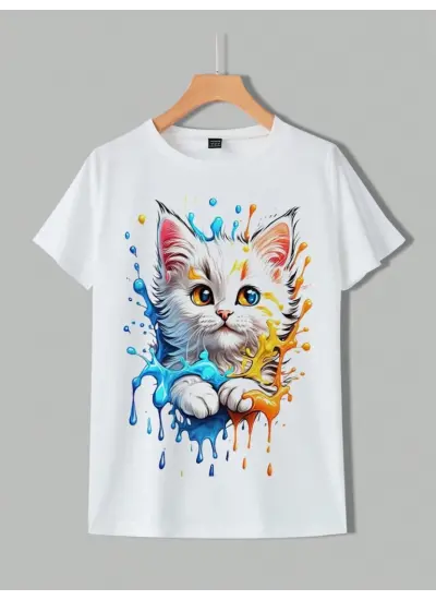 Kadın Kedi Baskılı Bisiklet Yaka Süprem T-shirt