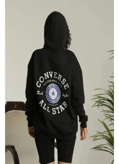 Sırt Baskılı Oversize Üç İplik Kapüşonlu Sweatshirt - Siyah