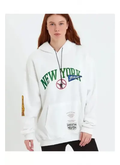 Baskılı Kapüşonlu Sweatshirt - Beyaz