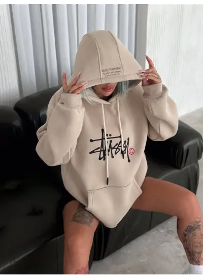 Üç İplik Kapşonlu Baskılı SweatShirt - Bej