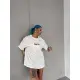 Unisex Bisiklet Yaka Baskılı Oversize T-Shirt - Beyaz