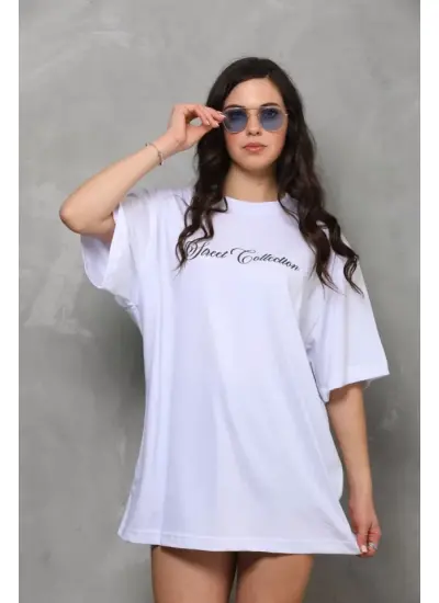 Unisex Bisiklet Yaka Baskılı Oversize T-Shirt - Beyaz