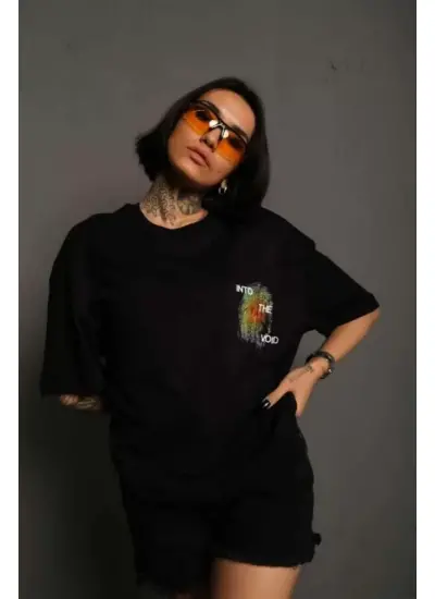 Unisex Bisiklet Yaka Baskılı Oversize T-Shirt - Siyah