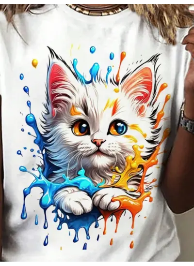 Kadın Kedi Baskılı Bisiklet Yaka Süprem T-shirt