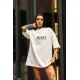 Unisex Bisiklet Yaka Baskılı Oversize T-Shirt - Beyaz