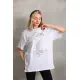 Unisex Taş Desenli Oversize T-Shirt - Beyaz