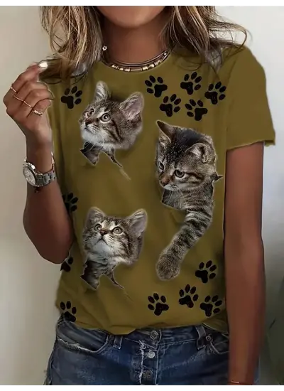 Kadın Kısa Kollu Kedi Ve Pati Baskılı Süprem T-shirt