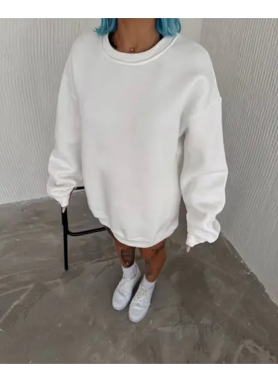 Kışlık Bisiklet Yaka Üç İplik Basic SweatShirt - Beyaz