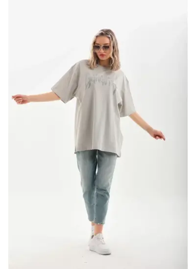 Unisex Taş Desenli Oversize T-Shirt - Gri