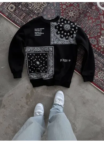 Desenli Üç İplik Bisiklet Yaka Oversize SweatShirt - Siyah