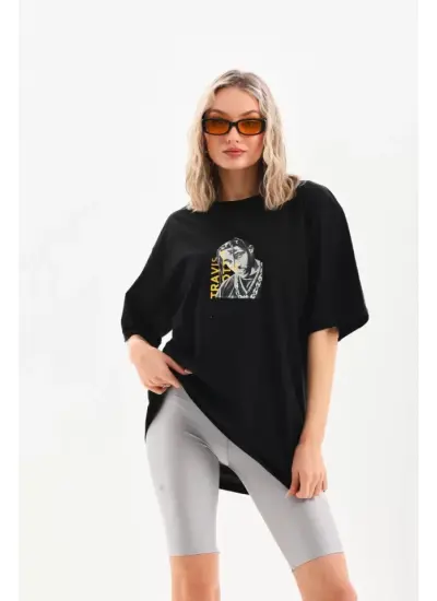 Unisex Baskılı Oversize T-Shirt - Siyah