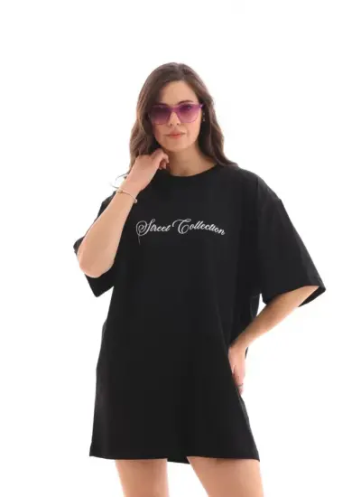 Unisex Bisiklet Yaka Baskılı Oversize T-Shirt - Siyah