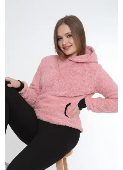 Kadın Kanguru çep Ribana Detay Kapşonlu Peluş Sweat