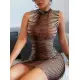 Kadın Kolsuz Desenli Mini Bodycon Dalgıç Elbise