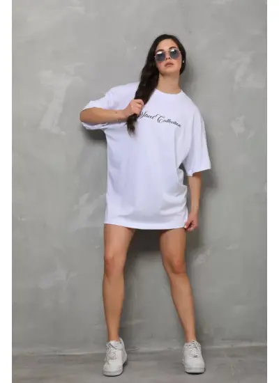 Unisex Bisiklet Yaka Baskılı Oversize T-Shirt - Beyaz