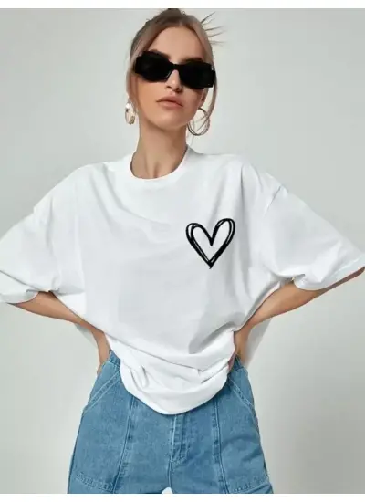 Bisiklet Yaka Baskılı Oversize T-Shirt - Beyaz