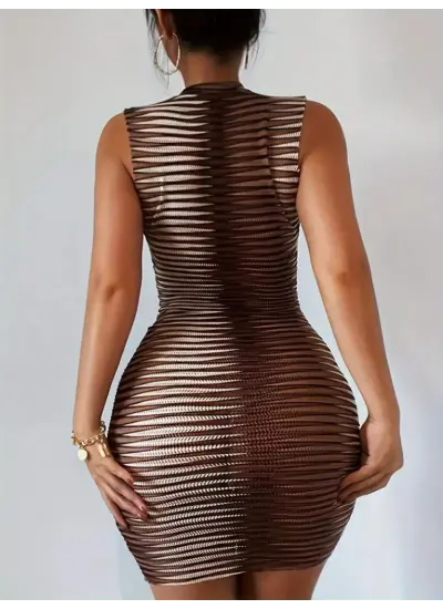 Kadın Kolsuz Desenli Mini Bodycon Dalgıç Elbise