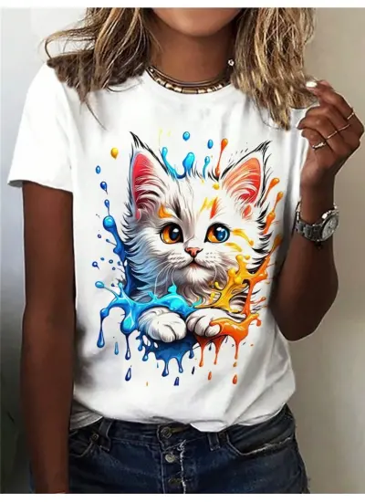 Kadın Kedi Baskılı Bisiklet Yaka Süprem T-shirt