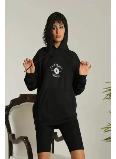 Sırt Baskılı Oversize Üç İplik Kapüşonlu Sweatshirt - Siyah