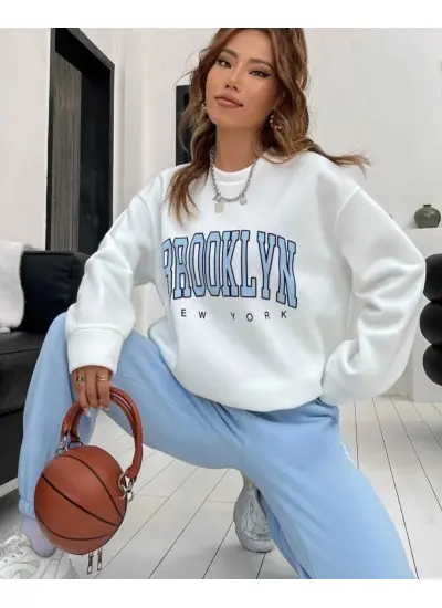 Kadın Bisiklet Yaka Brooklyn Baskılı üç Iplik Kumaş Sweat