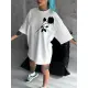 Unisex Bisiklet Yaka Baskılı Oversize T-Shirt - Beyaz